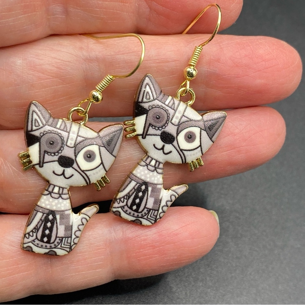 Cat Lady Earrings Boho Black & Gray Patchwork Whimsical Pierced Dangle NEW